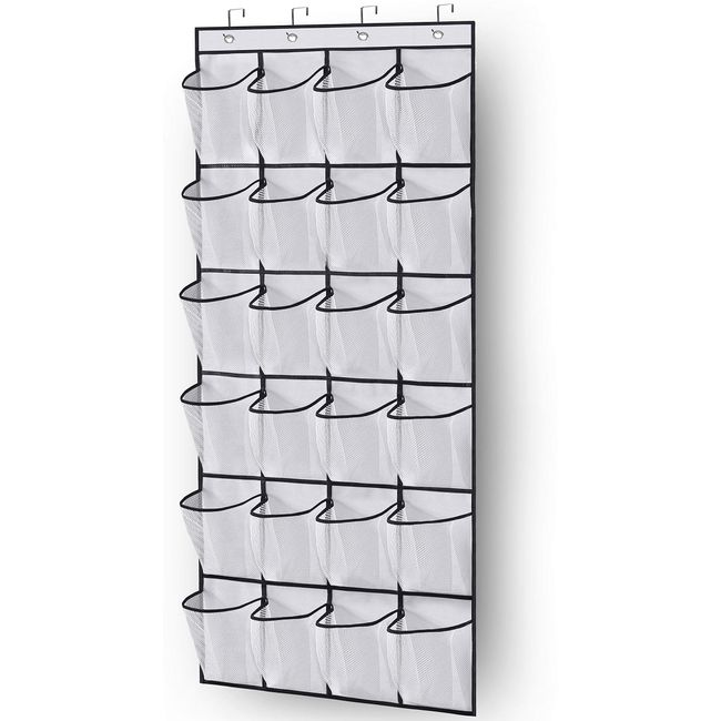 MISSLO Over the Door Shoe Storage Organiser Hanging Shoe Rack Holder 24 Large Mesh Pockets for Wardrobe Door Tidy with Hanger(White)