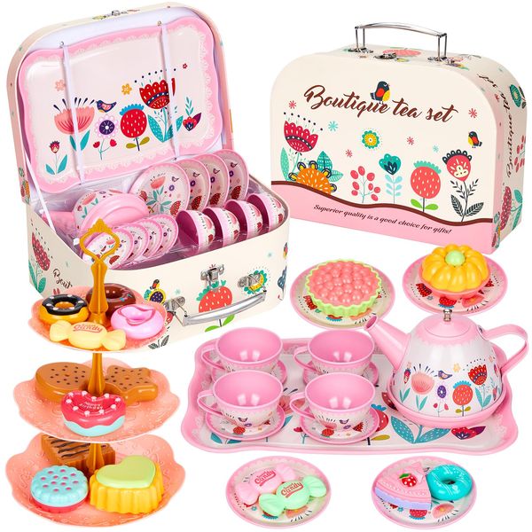 Hnyoou Tea Set for Toddlers, 33 Pcs Kids Tea Set Tea Sets for Children, Tea Party set for Children Kids with Food Dessert Tray Teapot Kitchen Accessories for Boys Girls Pretend Play Age 3 Years,Flower