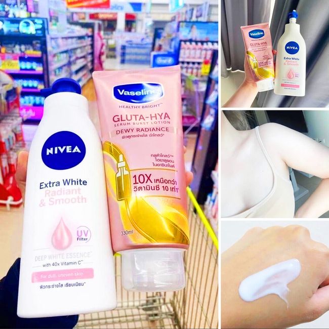 Vaseline GLUTA-HYA Serum Dewy Radiance 300ml & NIVEA Extra White 400ml Set