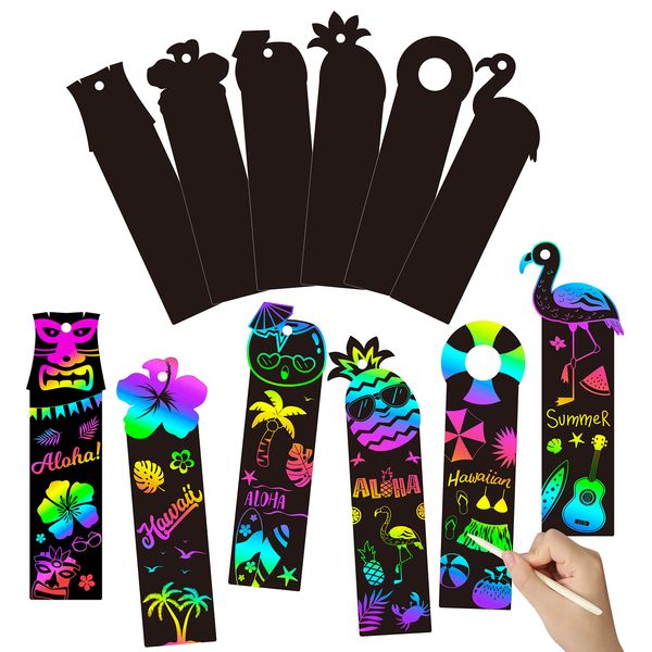 WATINC 60pcs Hawaiian Scratch Art Bookmarks for Kids, Hawaii Summer Party Favors Rainbow Scratch Off Card Craft Kit, Magic Color Tropical Luau Pineapple Flamingo DIY Classroom School Drawing Paper