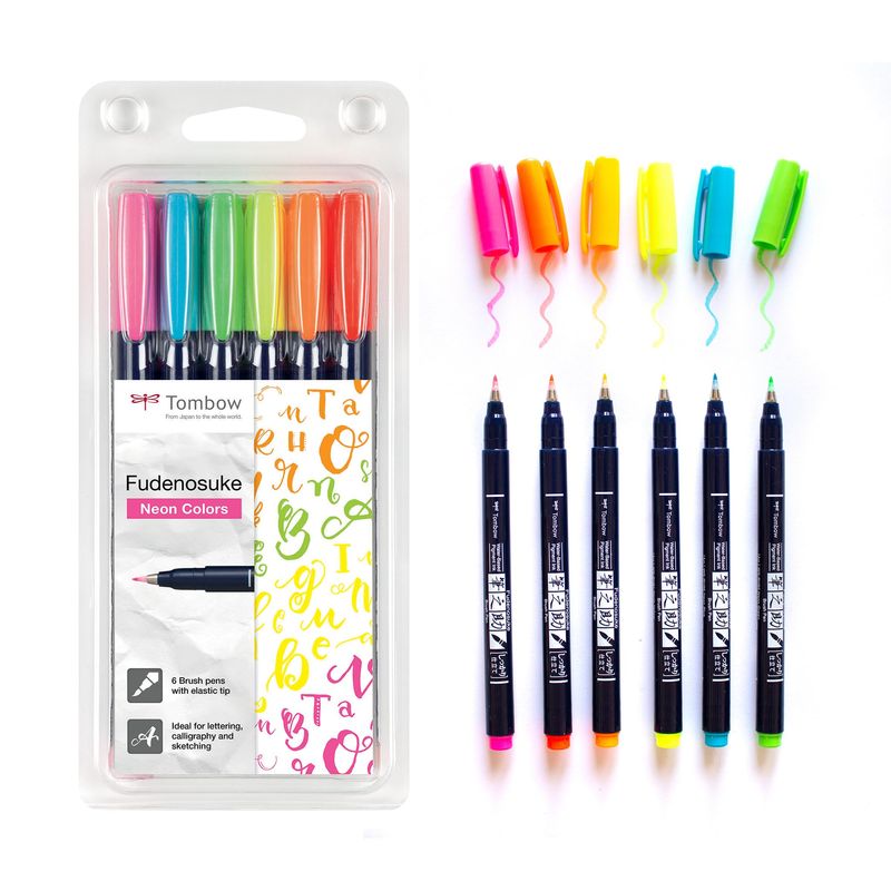 Tombow Fudenosuke Hard Tip Brush Pens (Set of 6) - Neon Colours ...