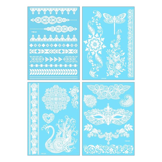 White Lace Temporary Tattoos, 4 Sheets Waterproof White Lace Temporary Tattoos for Women Girls Bride Wedding Mandala Flower Fake Tattoo Stickers for Neck Chest Arm Body Art A7BSLSWST