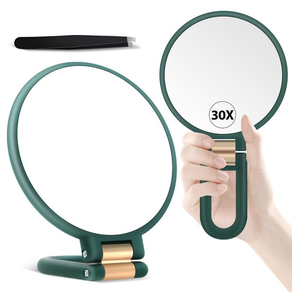 MIYADIVA Handheld Magnifying Mirror, Double Sided Travel Magnifying Mirror with 30X/1X Magnification, 360°Adjustable Handle and Precision Tweezers, Portable Multi-Purpose Makeup Mirror Emerald Green