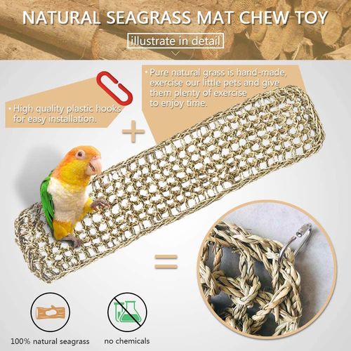 Bird Seagrass Mat,Natural Grass Woven Net Hammock Hanging on Parrot Cage with 4 Hooks,Parakeet Climbing Rope Ladder Chew Toys for Lovebird Cockatiel Conure Budgie,Cockatoo Supplies 28.3" x 6.7"