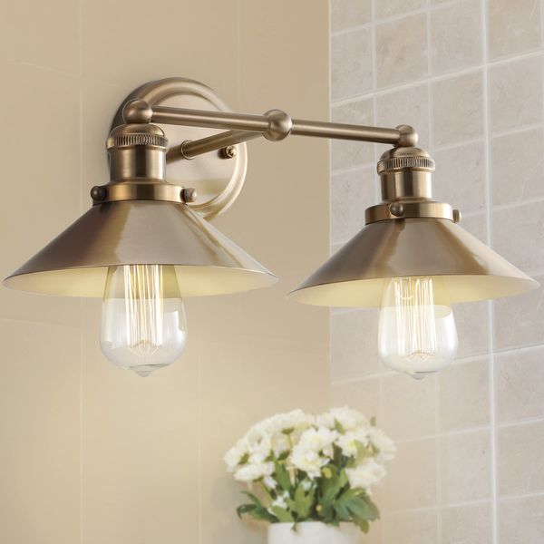 JONATHAN Y JYL7430A August 17.5" 2-Light Metal Shade Farmhouse Sconce Contemporary Transitional 2200K Edison 25W Bulbs Included for Bedroom Living Room Bathroom, Vanity Lighting, Brass Gold