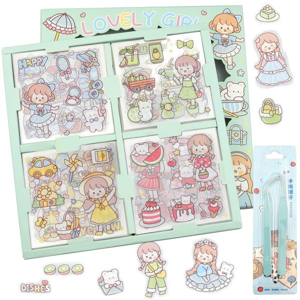 MytaYt 100 Blätter Kawaii Scrapbook Stickers Transparente Wasserdichte Dekorative Cute Sticker PET Scrapbooking Aufkleber Niedliches Cartoon-sticker mädchen mit Pinzette für DIY Scrapbook