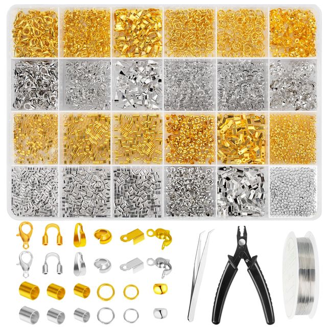 2120 PCS Crimp Beads for Jewelry Making Supplies, Bracelet Clasps and Closures, Golden Silver Crimp Covers & Tubes, Lobster Clasp Crimping Pliers and Beading Wire