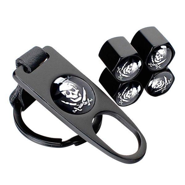 Pirate skull Tyre Valve Dust Caps (4PCS) with Wrench Keychain (1PCS) Universal Tire Wheel Valves Stem Covers with Seal Ring for Car SUV Truck Motorbike Bicycle
