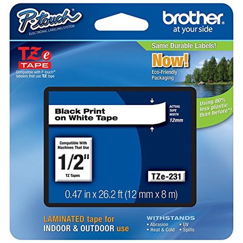 Brother P-Touch Tze231, 1/2" (0.47") Black on White Standard Laminated Tape NuumnhU, 2Pack (26.2 ft)