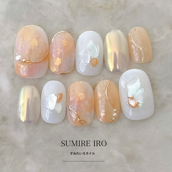 Nail tips False nails Bridal nails Short Coming-of-age nails Design Simple nails Nail Beige nails Small nails Large nails Very short Chibi nails Adult nails False nails Custom nails<br> [o2145] Nuance Orange Marble Holo Mirror Line Shell