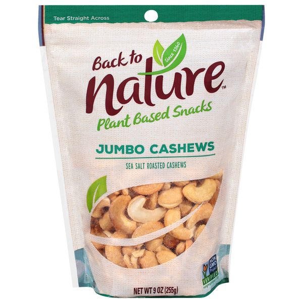 Back to Nature Jumbo Cashews - Dry Roasted with Sea Salt, Non-GMO High Protein Snacks, 9 Ounce