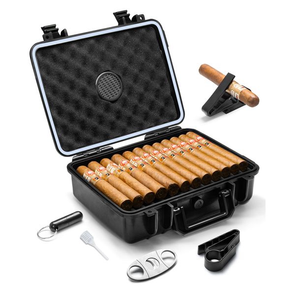 Flauno Travel Cigar Humidor - Large Portable Travel Humidor kit with Humidifier, Cigar Cutter, Cigar Punch, Cigar Holder, Waterproof & Crushproof, Airtight Seal Cigar Case, Holds up to 40 Cigars