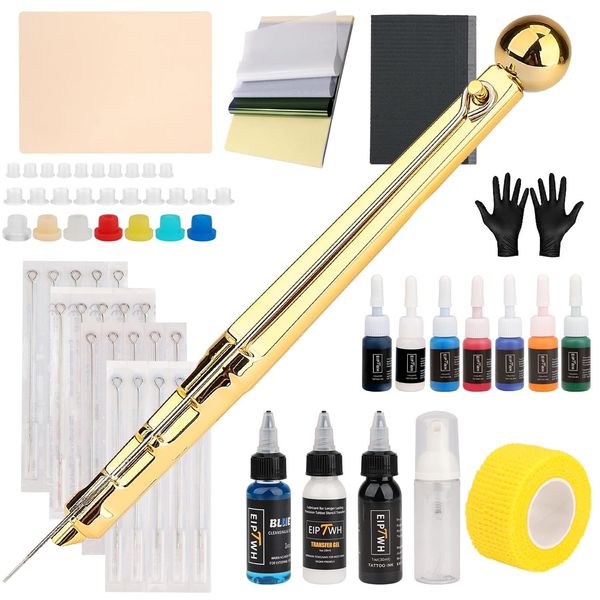 EIPTWH Hand Poke n Stick Tattoo-Set für Anfänger, 20 Stück Tattoo-Nadeln, 7 Farben Tattoo-Tinten-Set, DIY Hand Poking-Set mit Transfergel und blauer Seife, 30 ml Tattoo-Tinte, Schwarz