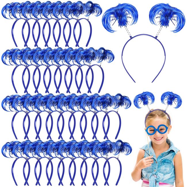 Hoteam 48 Pcs Ponytails Headband Tinsel Wrapped Party Headwear Hair Accessories Pom Feathers Headbands Halloween Head Bopper (Blue)