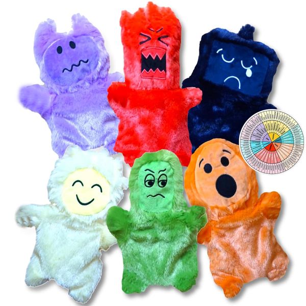 Emotional Hand Puppets for Kids - Social Skills Activities Mindfulness Tools - Social Emotional Learning and Sensory Play Therapy Toys - Includes Emotion Wheel Magnet (Set of 6 Puppets)