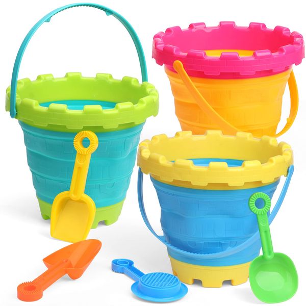 7 PCS Jumbo Castle Beach Collapsible Buckets Sand Toys Bulk For Kids, 3L Silicon Fodable Buckets Pails With 4 Shovels Rake Scoop Sifter for Toddler, Sandbox Kit, Water Table, Summer Beach Toy, Garden