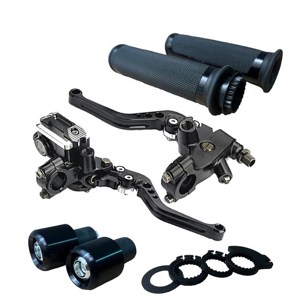 PLSUSJHAO Universal 7/8" Motorcycle Brake Clutch Levers Master Cylinder Reservoir 22mm Handlebar Brake Master Cylinder + Hand Grip + Bar Ends Black