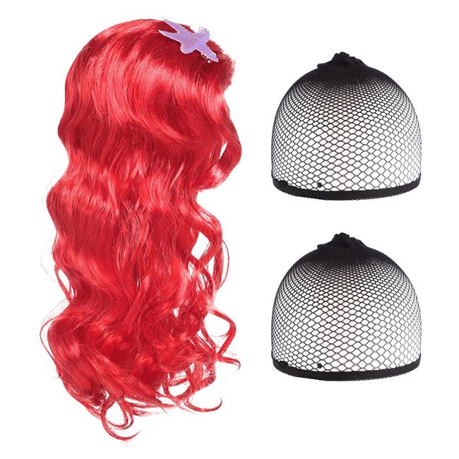 EUPSIIU Mermaid Wigs Costume Angels Princess Little Mermaid Pretend Fancy Dress Up Costume Wig Red Long Curly Cosplay Wig Adult Kids Mermaid Themed for Halloween Christmas Masquerade Party (Red)