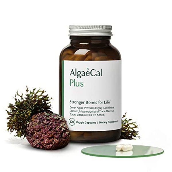 AlgaeCal Plus - Calcium Supplement, Natural Red Algae Plant-Based with Vitamin D3 + K2, Magnesium, Boron and Trace Minerals, Increase Bone Strength, Highly Absorbable, Easy to Swallow 120 Veggie Caps