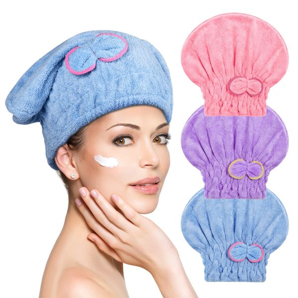 ACWOO Hair Turban Towel, 3 Pack Ultra Absorbent Hair Dry Cap Bowknot Hair Turban Towel, Soft Microfiber Hair Drying Towels Fast Dry Bath Head Wrap for Women, Girls