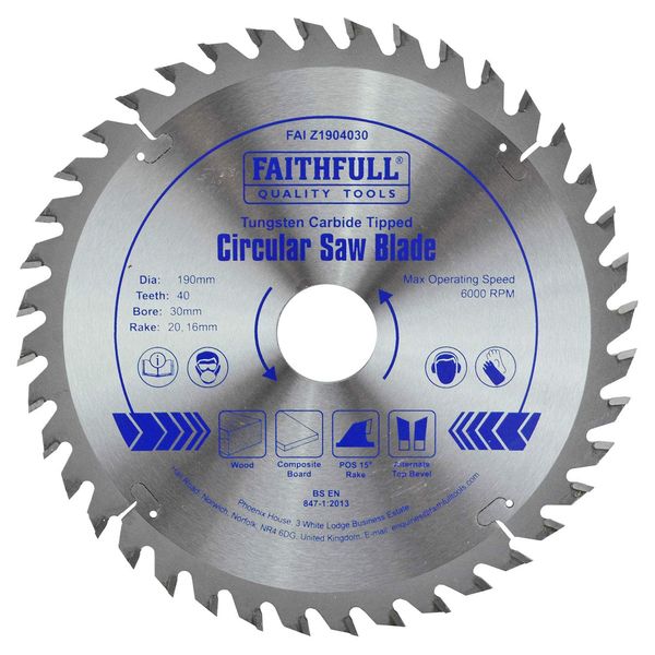 Faithfull FAIZ1904030 TCT Circular Saw Blade 190 mm x 30 mm Bush x 40 Teeth