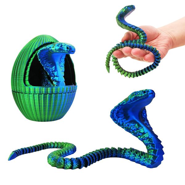 QOUXZ 3D Printed Snake Eggs with 3D Printed Snake Inside, Cute Rotary Gear Eggs with 3D Printed Crystal Fidget Snake Animals Inside, Home Office Decor Executive Desk Crystal Cobra Toys（Blue Green