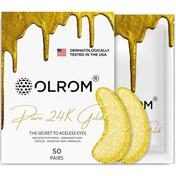 Olrom 24K Gold Under Eye Patches (50 Pairs) - Vegan Collagen and Avocado Extract Eye Masks for Dark Circles, Puffiness, and Anti-Aging - Hydrating Eye Skincare for Men & Women