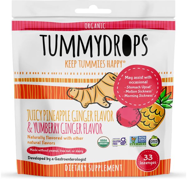 USDA Organic Tropical Ginger Variety Pack Tummydrops (mix of pineapple & yumberry, 33 individually wrapped drops)