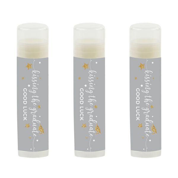 Andaz Press Gray and Gold Glittering Graduation Party Collection, Lip Balm Favors Kissing the Graduate Good Luck!, 12-Pack