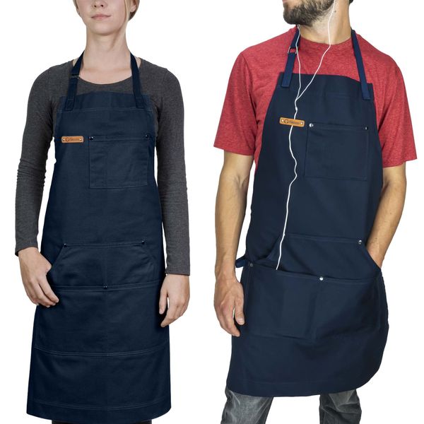 Chef Pomodoro Chef Apron for Men and Women with Pockets - Top Chef Recommended - Kitchen Apron with Adjustable Neck Straps - 100% Cotton - Cooking Apron Designed for Home, BBQ, Grill Use (Navy Blue)