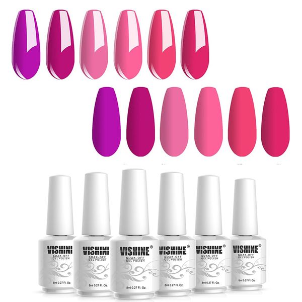 Vishine 6 Pezzi Smalto Semipermanente in Gel, Colore Fucsia Rosa Viola Viola Soak Off UV LED Smalto per Unghie in Gel Nail Art Classico per l'Estate Primavera