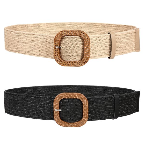 JASGOOD 2 Pack Straw Woven Elastic Retro Belts for Women, Summer Boho Wide Rattan High Waist Belt for Dress (Black+Beige,Below Waist Size 40inch)