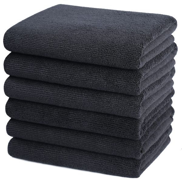 ProHomTex Microfiber Hair Drying Salon Towels, Set of 6 (16‘' x 29'') Professional Super Absorbent Quick Dry (Black) (6)