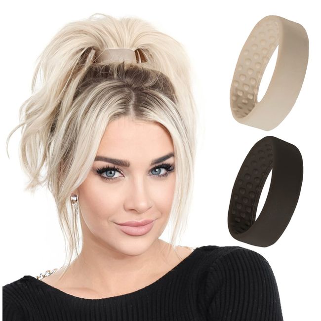 Medium PONY-O for Fine to Normal Hair or Slightly Thick Hair - PONY-O Revolutionary Hair Tie Alternative Ponytail Holders - 2 Pack Black and Dark Blonde Original Patented Hair Styling Accessories