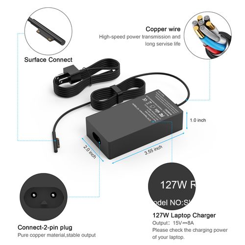 New 127W 15V 8A Laptop Charger for Microsoft，Compatible with Surface Pro X 9 8 7 6 5 4 3, Surface Book 3 2 1, Surface Laptop 5 4 3 2 1 and Surface Go 3 2 1 Power Cord AC Adapter Supply
