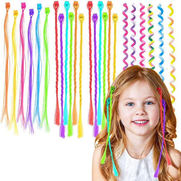 PEOVLVN 36 Pieces Hair Accessories for Girls, Coloured Hair Extensions Clip in Hair Extension Rainbow Hair Braids Hair Styling Twister Clips Neon Hair Accessories for Girls Women