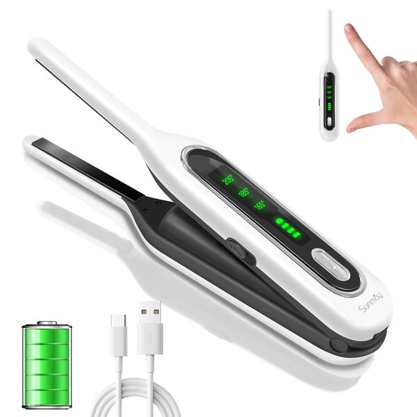 SUNMAY Voga Mini Cordless Hair Straightener for Short Hair, 3/10 Inch Small Pencil Flat Iron for Pixie Cut and Beard, Portable 2 in 1 Wireless Hair Straightener & Curler for Travel, 5000mAh Battery