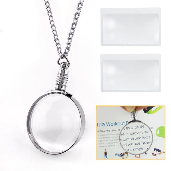 MAGDEPO 3X Magnifying Glass Pendant Necklace (Silver) Portable Magnifier 1.5" Round Lens Stylish Accessories for Women, Seniors, and Elderly Reading Books, Menus, Labels, Small Prints, Hobbies, etc.