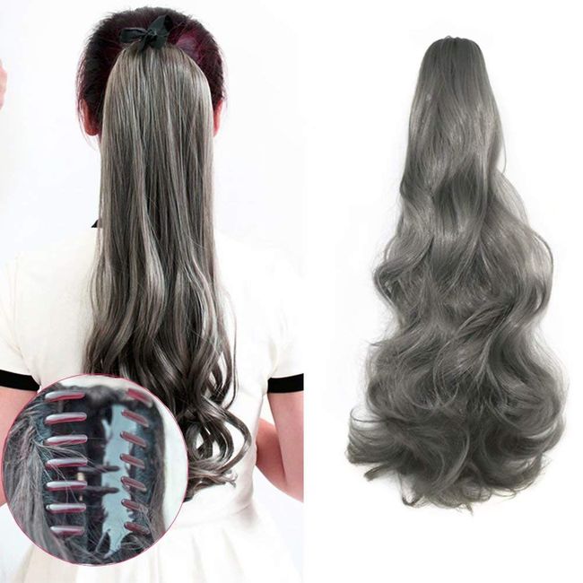 iLUU Long Thick Claw Jaw Ponytail 140g Curly Wavy Synthetic Fashion Grey Color Clip in Pony Tail Hair Extension Extensions (20 inches-curly wavy, fashion grey)