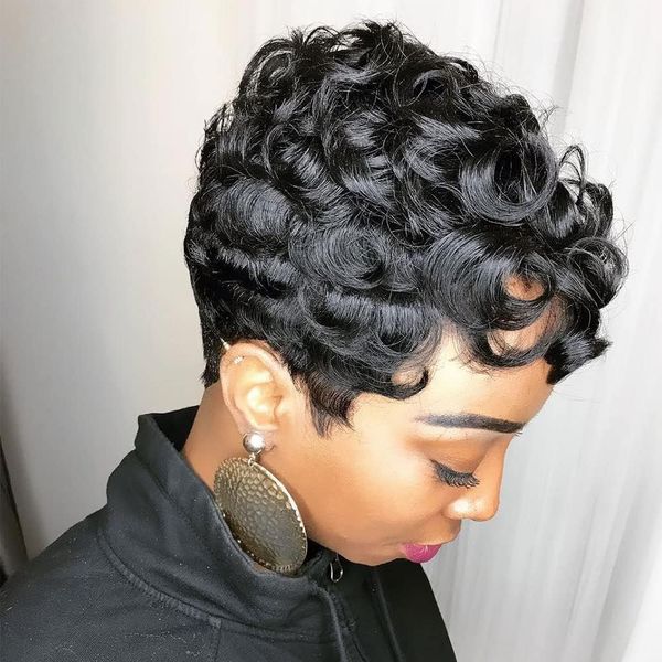 RUISENNA Pixie Cut Wig Human Hair Wigs for Black Women Short Layered Culry Wavy Pixie Wigs for Black Women Glueless Full Machine Made Human Hair Wigs Color 1B