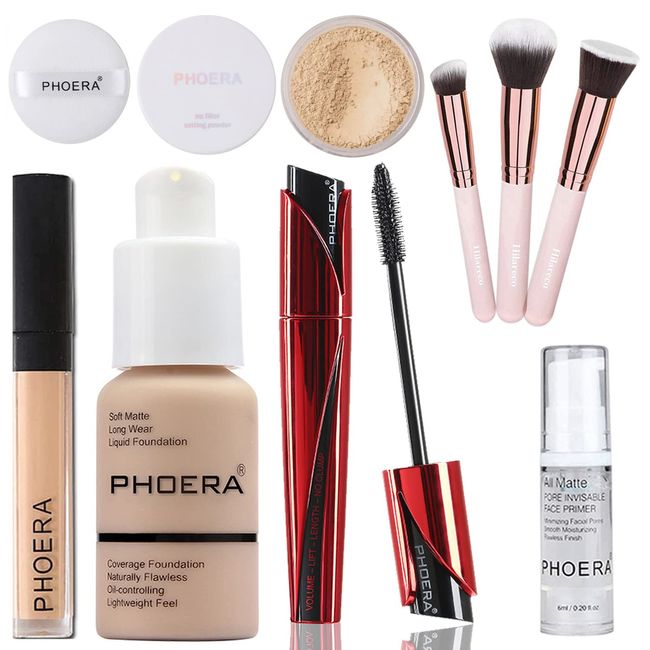 PHOERA Foundation,PHOERA 9D Mascara,PHOERA Makeup Foundation Full Coverage,PHOERA Primer, PHOERA Powder, PHOERA Concealer, Kabuki Brushes Foundation (102 Nude)