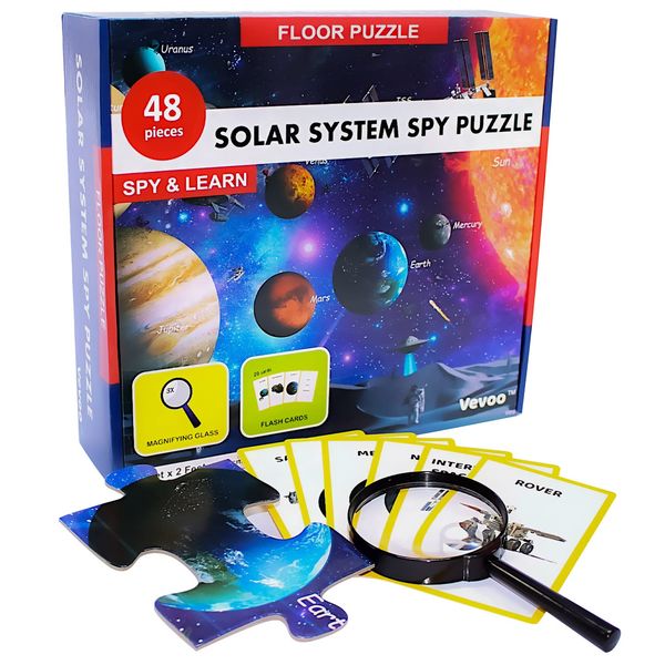 Solar System Spy Puzzle with Flashcards and Magnifying Glass 2ft x 3ft – Large 48 Piece Space Floor Puzzle for Kids Ages 4-8 Years Old- Kids Puzzles-Solar System for Kids-Boys and Girls 3,4,5,6,7,8…