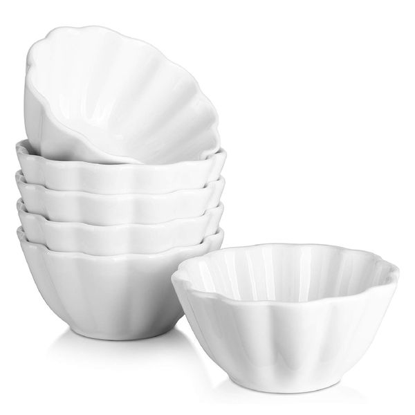 DOWAN Ramekins 4 oz, Creme Brulee Ramekins, Flower-Shaped Porcelain Ramekins Oven Safe for Baking Souffle, Custard Cups, Small Dipping Bowls, Sauces Bowls, Charcuterie Bowls, Set of 6, White