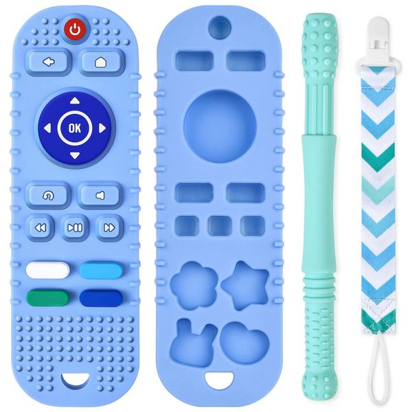 Silicone Baby Teething Toys, Remote Control Shape Teethers Toys with Teething Tubes and Pacifier Clip, Baby Teething Toys for 3 Months+, Remote Teething Toys BPA Free/Freezable/Dishwasher Safe(Blue)