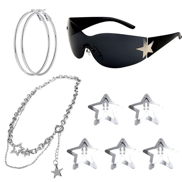 LaVenty Black Y2k Sonnenbrille Punk One Piece Sonnenbrille Für Sonnenschutz Im Sommer Alltagskleidun Star Hair Clip Y2k Aesthetic Accessoires Stern Haarspange Star Hair Clips Star clips