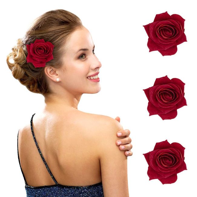 mciskin 2.75" Rose Hair Clip Flower Hairpin Rose Brooch Floral Clips for Woman Girl Party Wedding (Pack of 3)