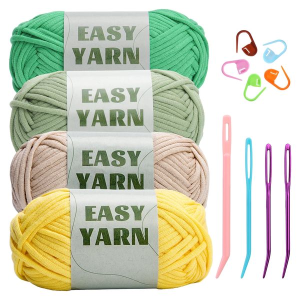 Beginners Crochet Yarn, 4 * 50g No Split Yarn, Chunky Cotton Yarn, Easy Knitting Yarn for Crocheting Knitting, Thick Bulky Cotton Yarn for Beginners(Light Green + Dark Green + Beige + Yellow)