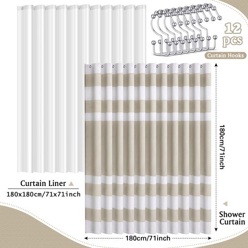 Tranqun 3 In1 Boho Farmhouse Waterproof Shower Curtain with Clear Liner Set, 12 Stainless Steel Hook, Striped Tassel, EVA Liner Fabric Shower Curtains for Bathroom Rustic Decor, 71" x 71"(Taupe)