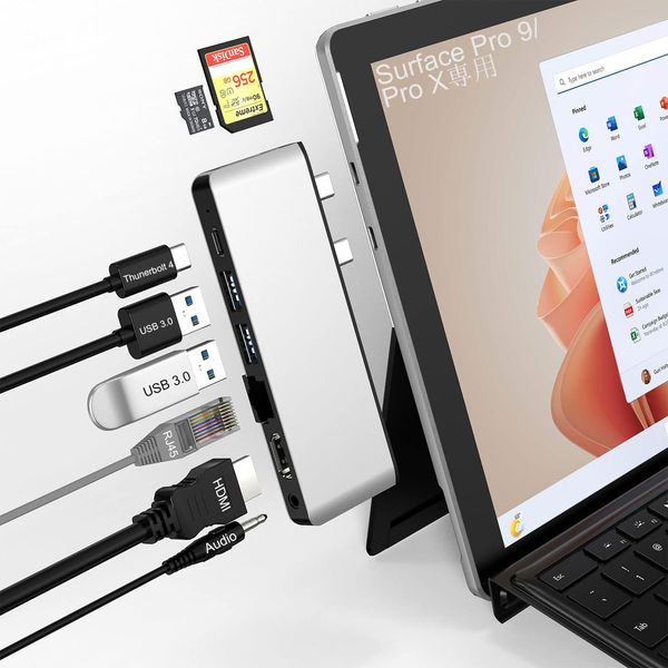 Surface Pro 9 USB Hub USB-C Thunerbolt 4 (8K@30Hz Display+40G Data+100W Charging), 4K@30Hz HDMI, 100M LAN Port, 2x USB3.0, 3.5mm Audio, TF/SD Card Slot, Surface Pro9 Hub Triple Display (HDMI+USB C) + Surface Pro 9/Pro X Accessories