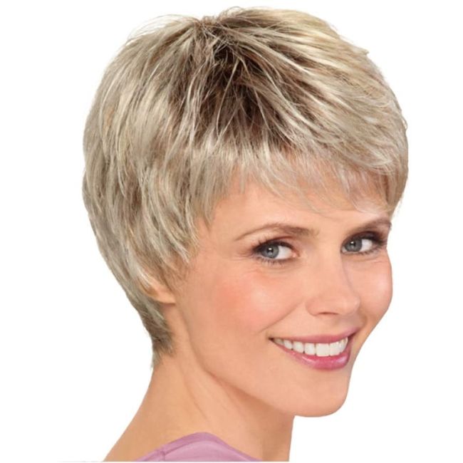 Grey Wigs for Women, Fluffy Temperament with Bangs Pixie Cut Wig Gray Blond Gradient Hair is Thick for Middle-Aged and Elderly Women's Daily Use